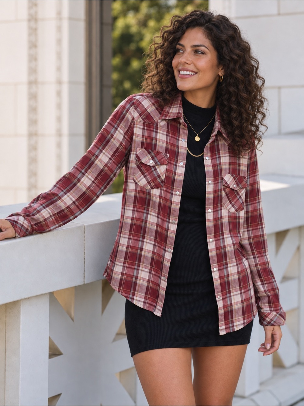 Love Stitch Play The Field Burgundy Plaid Button UP Shirt Size M